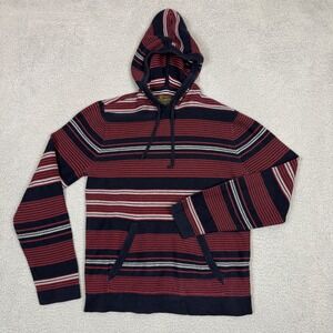 Lucky Brand Mens Striped Knit Hoodie Red Navy Blue Pullover 7MD5267 Size M